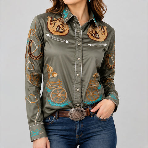 ADSH056 American Darling Saga Green Western Apparel - Embroidered Cotton Twill Horseshoe Shirt