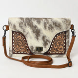 ADBG1497 Hair-On Cowhide & Tooled Leather Crossbody Clutch - Western Turn-Lock Flap