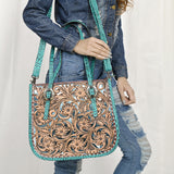 ADBG1478 Tooled Leather Western Tote Bag with Croc Embossed Accents - American Darling Handcrafted