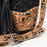 ADBG1670 Black Quilted Leather Bucket Bag with Tooled Floral Leather Trim