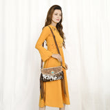 ADBG1484 Tooled Leather Cowhide Fringe Crossbody Bag with Turquoise Accent