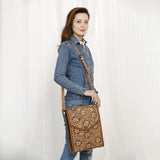 ADBG1505 Natural Hand-Tooled Leather Crossbody Bag - Full Floral Carving & Whipstitch Trim