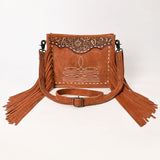 ADBG1651 Tan Suede Fringe Crossbody Bag with Tooled Leather Yoke & White Embroidery