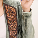 LC-ADBZ023 Olive Washed Denim Western Blazer with Hand-Tooled Leather Lapels - Casual Cowgirl Jacket