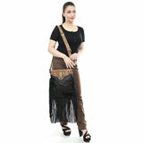 ADBG1580 Black Leather Fringe Crossbody Bag - Hand-Tooled Tan Strap & Yoke | Western Crossbody