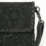 ADBG1645 Black Floral Embossed Leather Clutch Crossbody Bag with Whipstitch Trim