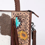 ADBG1086 Western Cowhide Fringe Tote Bag with Tooled Leather Straps-Handcrafted by American Darling