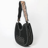 ADBG1720 Suede Hobo Bag with Hand Tooled Leather Strap & White Stitch Detailing