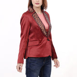 LC-ADBZ028 Red Satin Western Blazer with Hand-Tooled Leather Lapels - Chic Rodeo Elegance