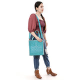 ADBG1590 Suede Western Tote Bag - White Embroidered Whipstitch Purse with Crossbody Strap