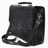 ADBG1437B Black Handtooled Leather Messenger Bag - Western Floral Satchel
