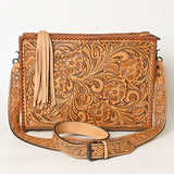 ADBG1235 Hand-Tooled Leather Crossbody Bag - Western Floral Design with Fringe