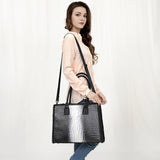 ADBG1422 Crocodile Embossed Black & White Leather Tote - Elegant Western Office Bag
