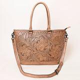 ADBG1246 Hand-Tooled Metallic Silver Leather Tote Bag - Western Floral Design with Dual Handles