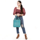 ADBG1590 Suede Western Tote Bag - White Embroidered Whipstitch Purse with Crossbody Strap