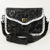 ADBG1475A Black Tooled Leather Crossbody Bag with White Whipstitch Trim