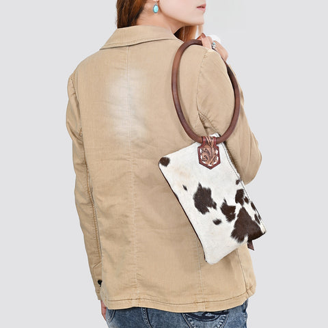ADBG1841 American Darling Western Wristlet Bag with Hair-On Cowhide and Hand-Tooled Floral Detail