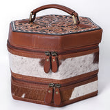 ADBGA781 Hexagon Tooled Leather & Cowhide Western Travel Case – Dual Zippers with Handle
