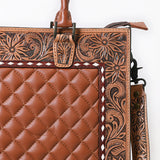 ADBG1671A Tooled Leather Black Quilted Western Tote Bag with Floral Strap - American Darling
