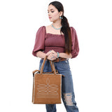 ADBG1590 Suede Western Tote Bag - White Embroidered Whipstitch Purse with Crossbody Strap