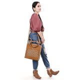 ADBG1590 Suede Western Tote Bag - White Embroidered Whipstitch Purse with Crossbody Strap
