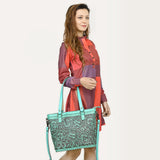 ADBGZ783 Hand-Tooled Turquoise Leather Tote Bag - Western Floral Design with Detachable Strap