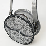 ADBG1461 Round Natural Hand-Tooled Leather Canteen Bag - Floral Whipstitch Western Style