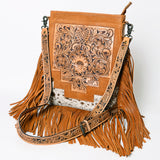 ADBG256 Tooled Leather & Cowhide Fringe Messenger Bag Western Boho Crossbody by American Darling