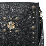 ADBGA881 Black Tooled Leather Fringe Crossbody - Western Concho & Turquoise Accent Bag