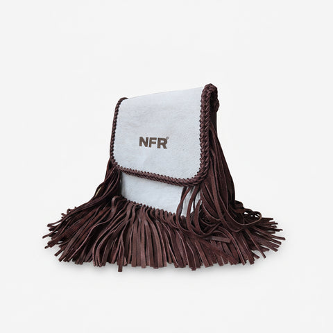 Official PRCA & NFR Licensed Collection-Western Cowhide White & Brown Fringe Leather Shoulder Bag
