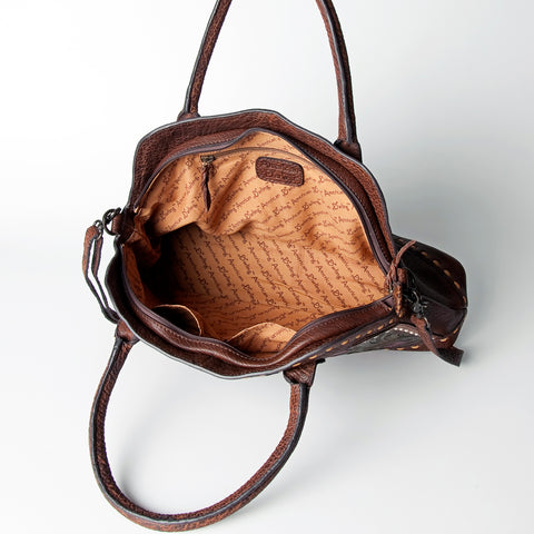 ADBGZ478 Tooled Leather Western Tote Bag - Floral Carving with Turquoise Accent & Dual Handles
