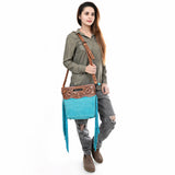 ADBG1584 Suede & Tooled Leather Western Fringe Bag - Embroidered Crossbody with Cutout Handle