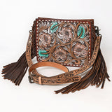 ADBG323 Hand-Tooled Leather Crossbody Bag with Floral Daisies & Fringe Strap | American Darling