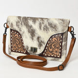 ADBG1497 Hair-On Cowhide & Tooled Leather Crossbody Clutch - Western Turn-Lock Flap