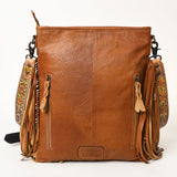 ADBG256 Tooled Leather & Cowhide Fringe Messenger Bag Western Boho Crossbody by American Darling