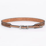 ADHTBR110 Floral Hand Tooled Natural Leather Western Hatband with Engraved Silver Buckle