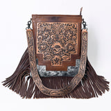ADBG256 Tooled Leather & Cowhide Fringe Messenger Bag Western Boho Crossbody by American Darling