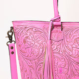ADBG1246 Hand-Tooled Metallic Silver Leather Tote Bag - Western Floral Design with Dual Handles