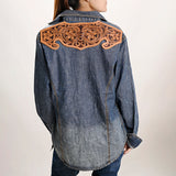 LC-ADSH021 Genuine Leather Hand Tooled Women 100% Cotton Denim Shirt Jacket Dress