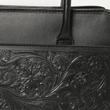 ADBGZ782A Structured Black Leather Tote Handbag - Hand-Tooled Floral Western Panel