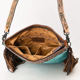 ADBG1493 Turquoise Hair-On Cowhide Western Crossbody Bag with Tooled Leather & Fringe - American Darling