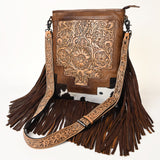 ADBG256 Tooled Leather & Cowhide Fringe Messenger Bag Western Boho Crossbody by American Darling