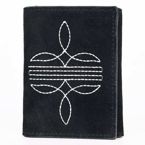 ADBGZ920A Black Genuine suede Leather Trifold Wallet with White Embroidered Stitch Detail