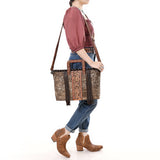 ADBG1298 Cowhide Leather Tote Bag - Tooled Floral Center, Fringe Sides & Structured Handles