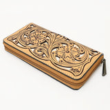 ADBGZ810 Hand-Tooled Leather Wallet - Western Floral Zip Wallet with Inlay