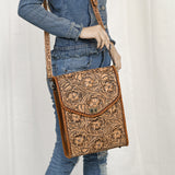 ADBG1505 Natural Hand-Tooled Leather Crossbody Bag - Full Floral Carving & Whipstitch Trim