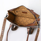 ADBG1718 Tooled Leather & Cowhide Western Tote Bag with Fringe and Floral Embroidery