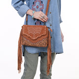 ADBG1657 Tan Suede Crossbody Bag with Scalloped Flap, Tooled Leather & Fringe