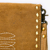 ADBG1717 Suede Leather Wallet Bag with White Western Stitch Embroidery
