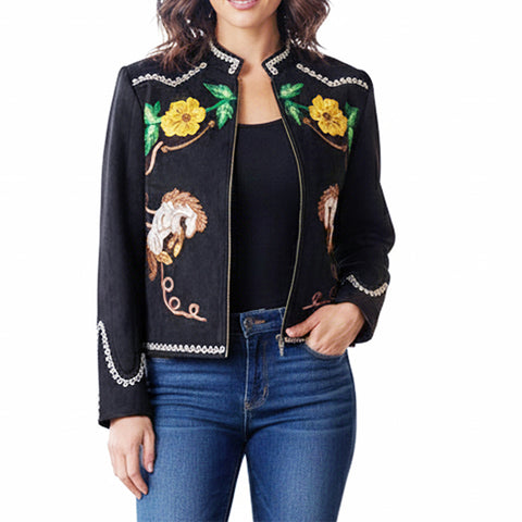 ADJKT071 Chic Black Western Floral & Horse Embroidered Boho Fabric Jacket for Women
